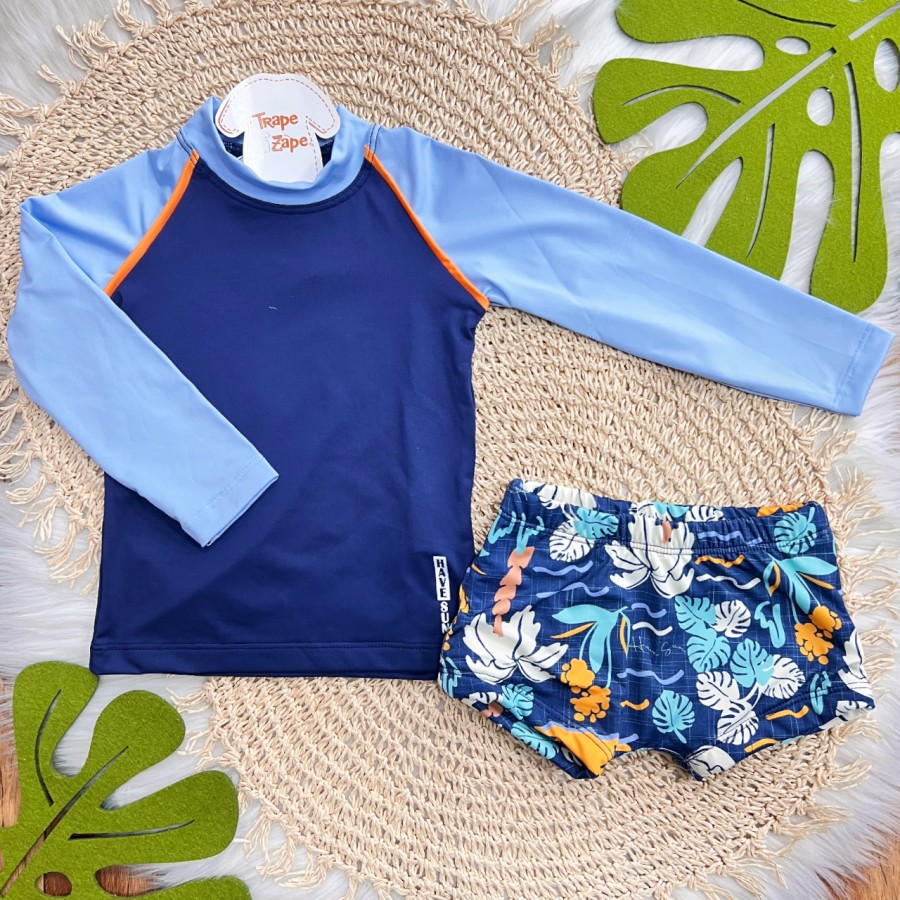 Linha Praia - Blusa com Proteção UV50+ e Sunga Folhagem - Azul e Laranja